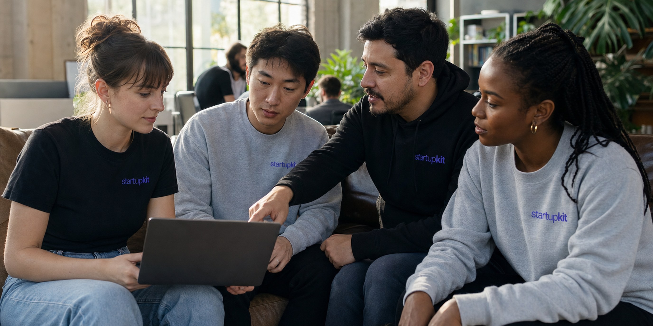 Four startup founders and engineers mid-conversation around a laptop on a sunlit SOMA co-working couch, one gesturing toward an open job posting on the screen