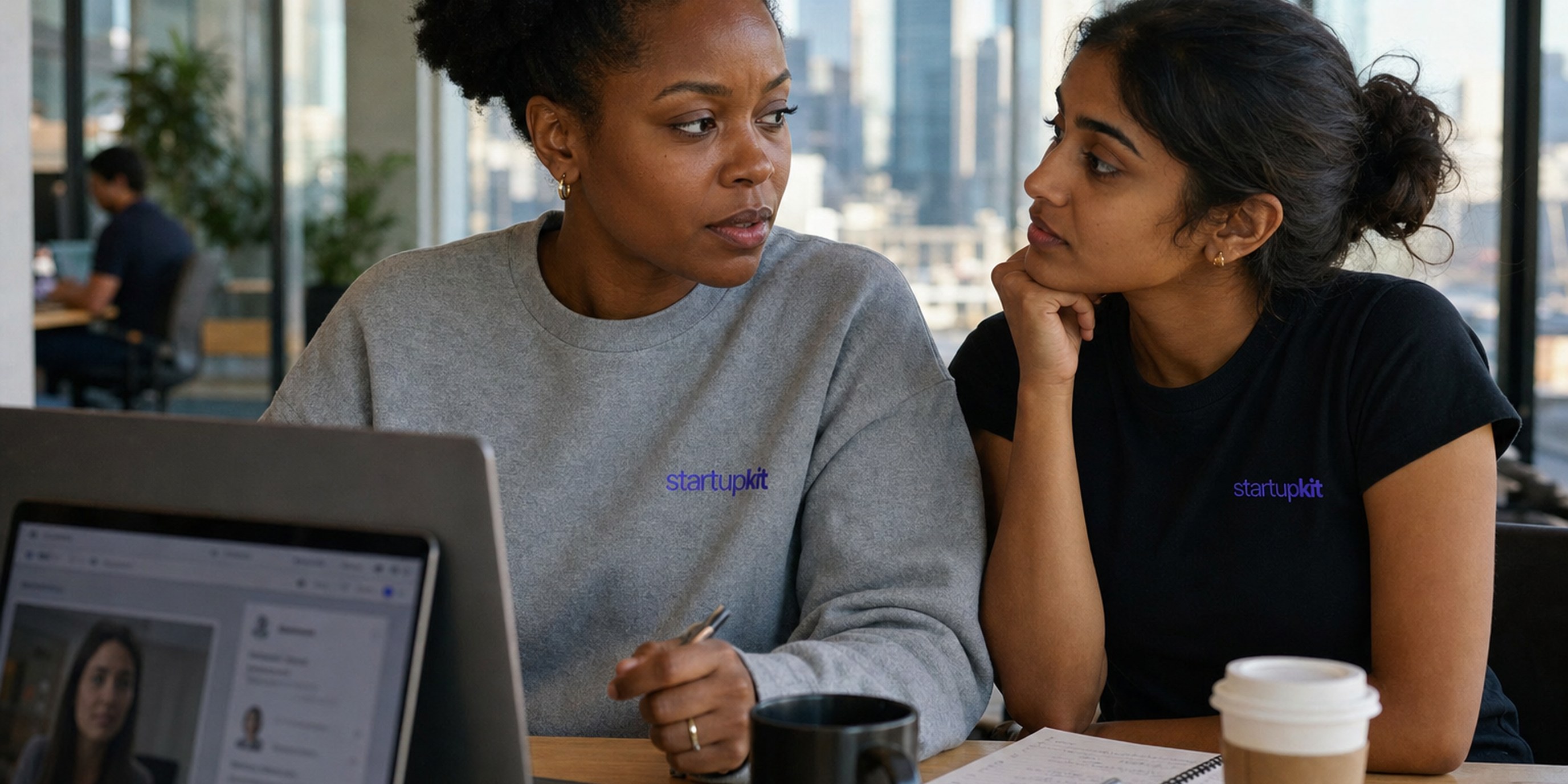 Hiring manager on a video interview call studying a candidate's webcam feed, with an open laptop showing an identity-verification check beside it
