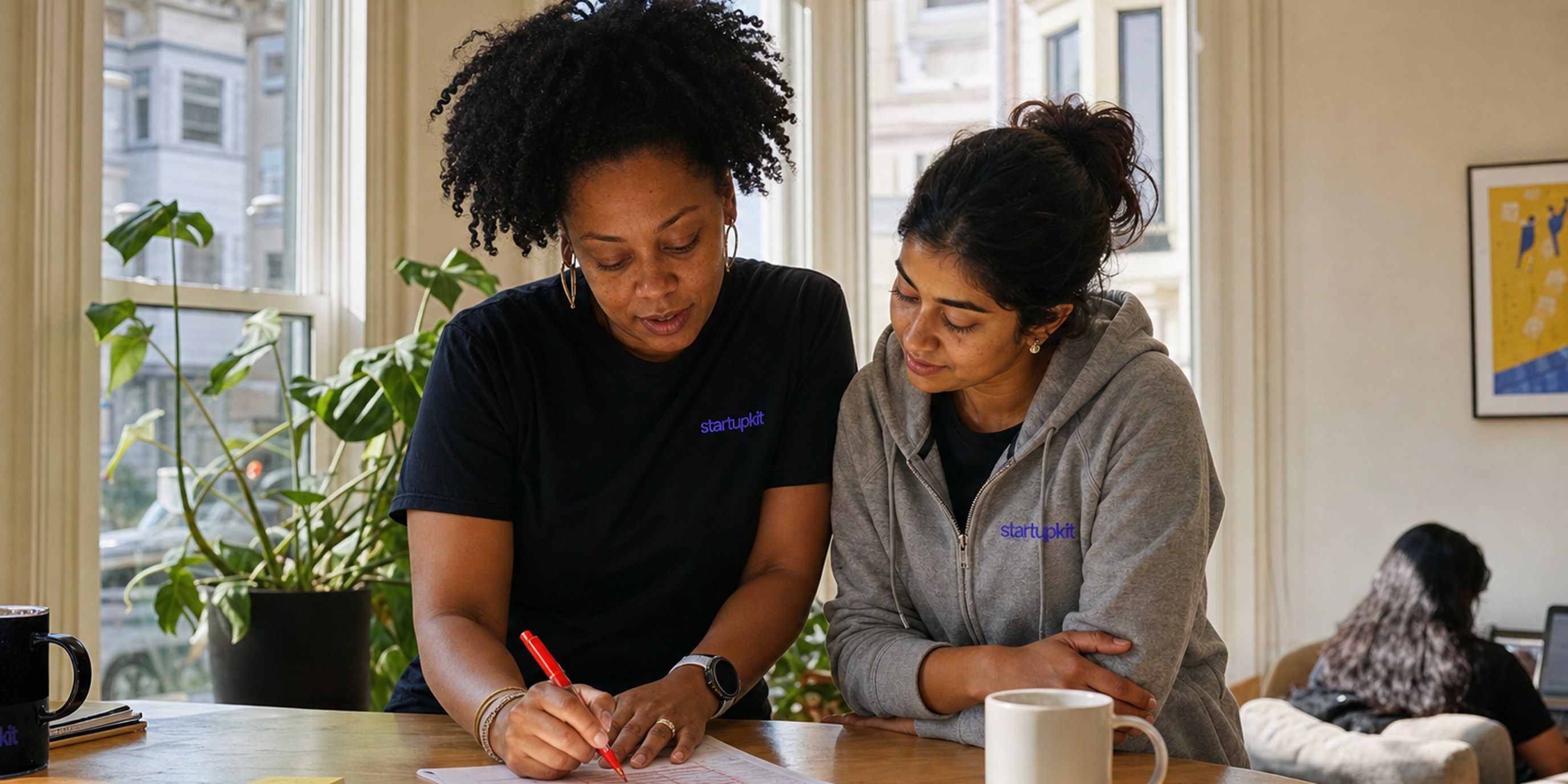A recruiter and a hiring manager at a sunlit kitchen table marking up a printed job requisition, crossing out half the required-skills list and circling three real must-haves
