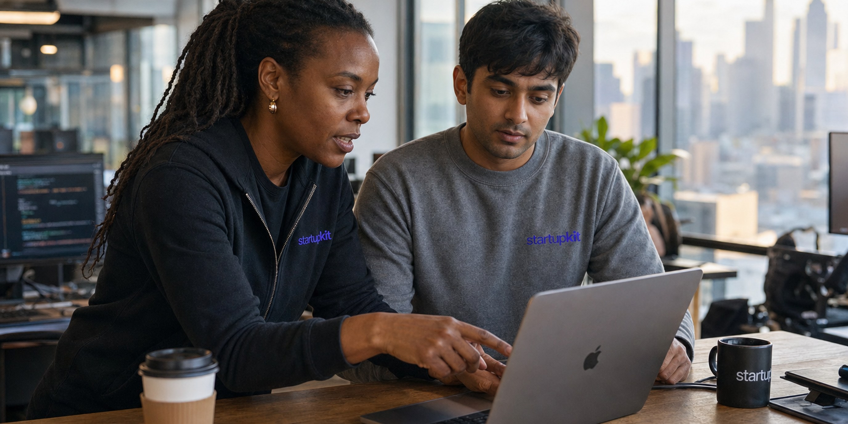 An engineering hiring manager and a candidate reviewing AI-generated code together on a laptop during an AI-allowed coding assessment, debugging an unfamiliar codebase