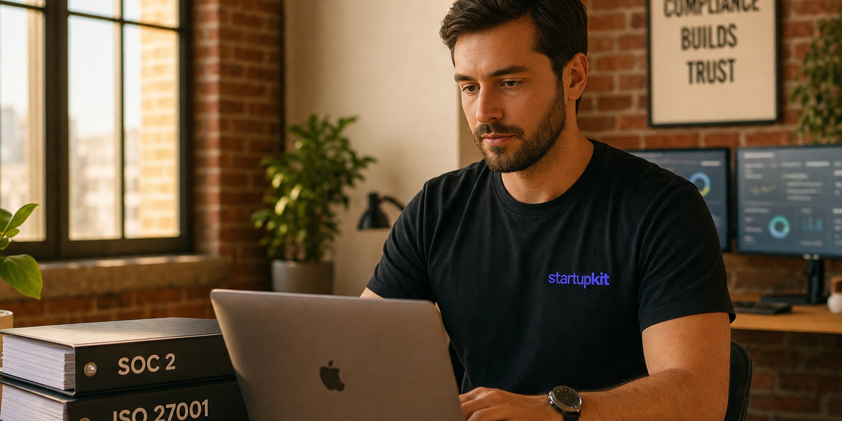 Compliance officer in a startupkit tee reviewing an audit checklist beside SOC 2 and ISO 27001 binders