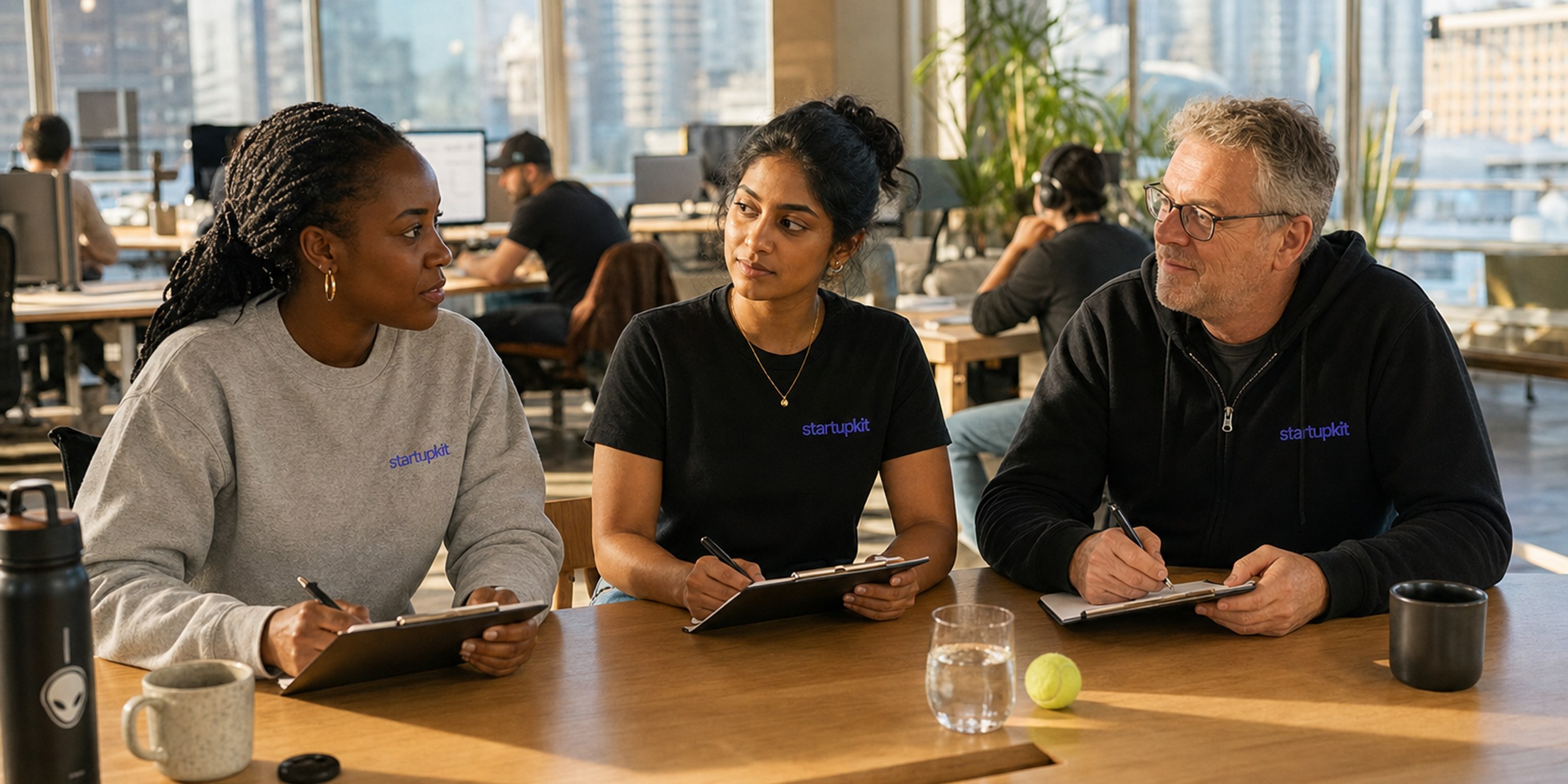 A startup hiring panel of three reviewers in a sunlit co-working space, each filling out an identical printed interview scorecard independently before the debrief