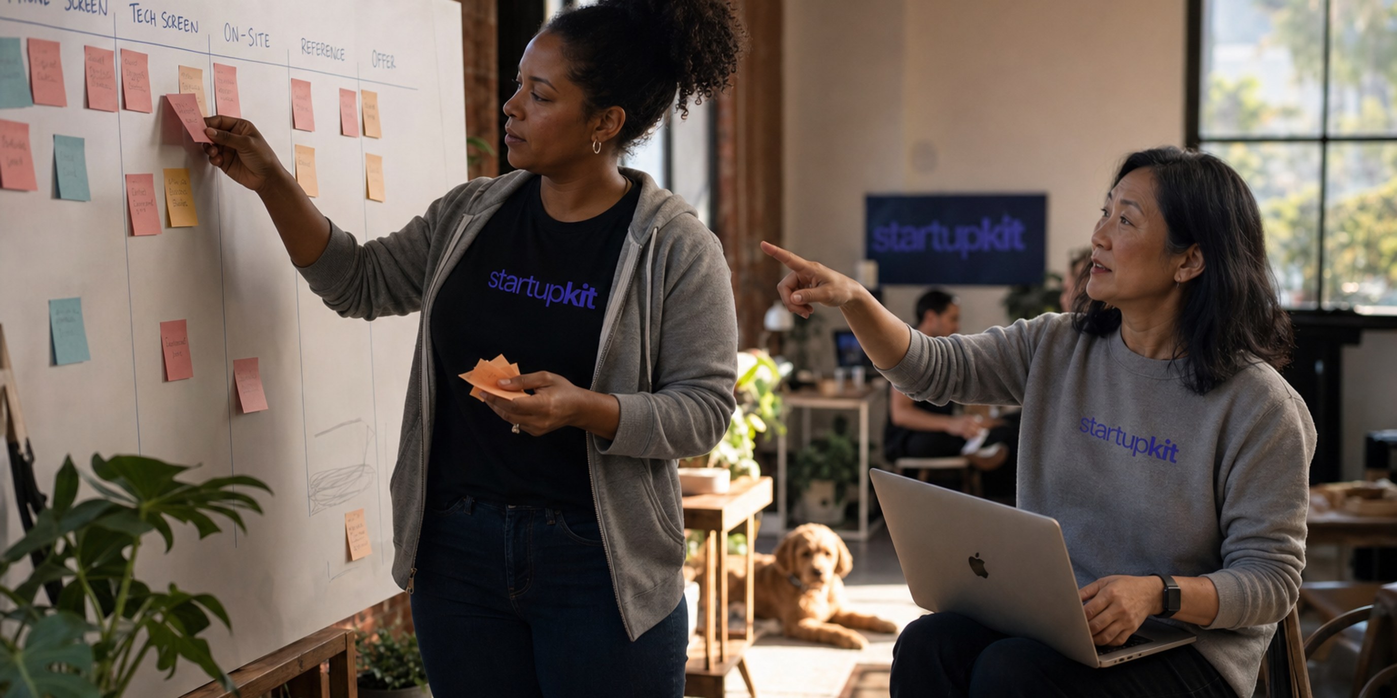 Two startup teammates at a whiteboard in a plant-filled studio, pulling sticky notes off a seven-stage interview pipeline to collapse it into four