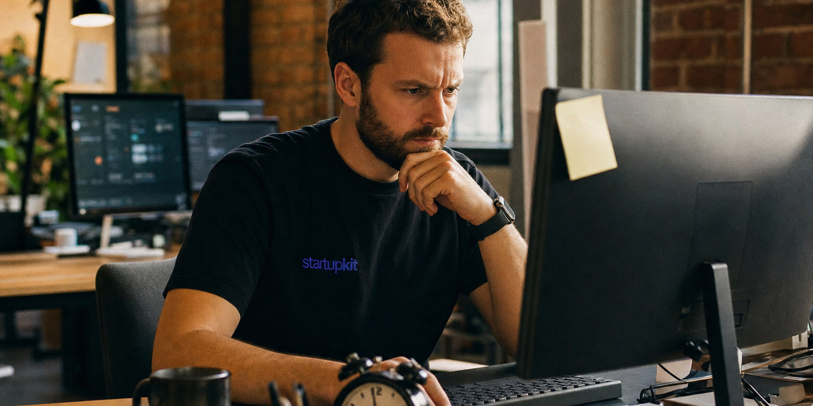 Security engineer at a desk reading a researcher's vulnerability report on screen with a countdown clock visible nearby