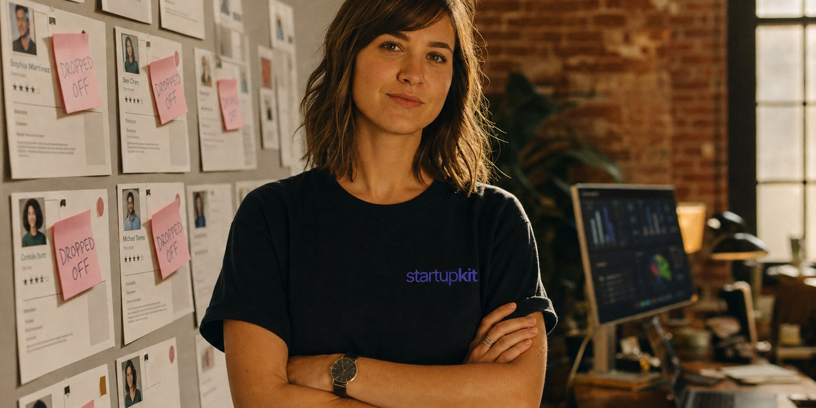 Recruiter in a startupkit tee beside a candidate board marked with dropped-off applicants